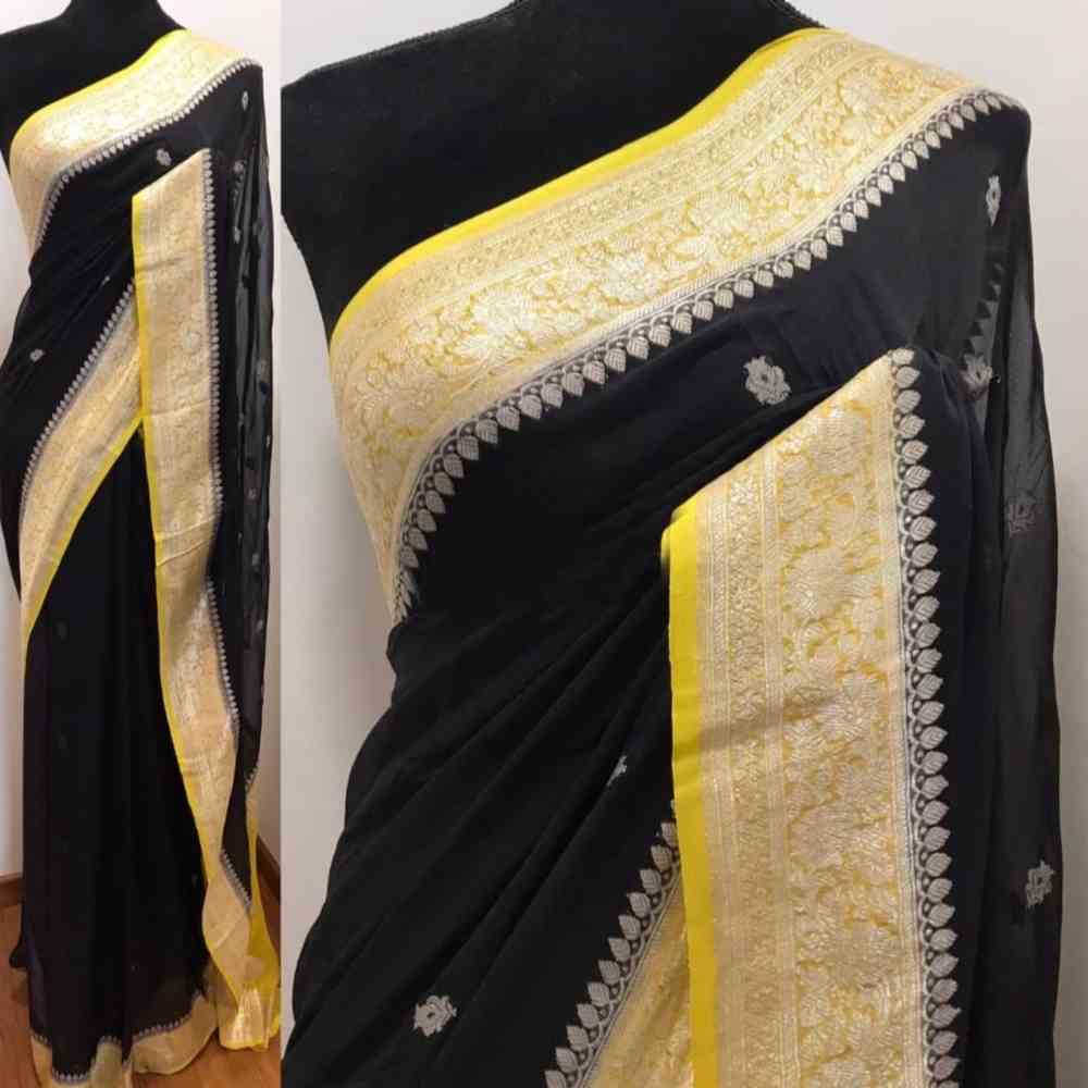 Black with Yellow Border Khaddi Chiffon Saree