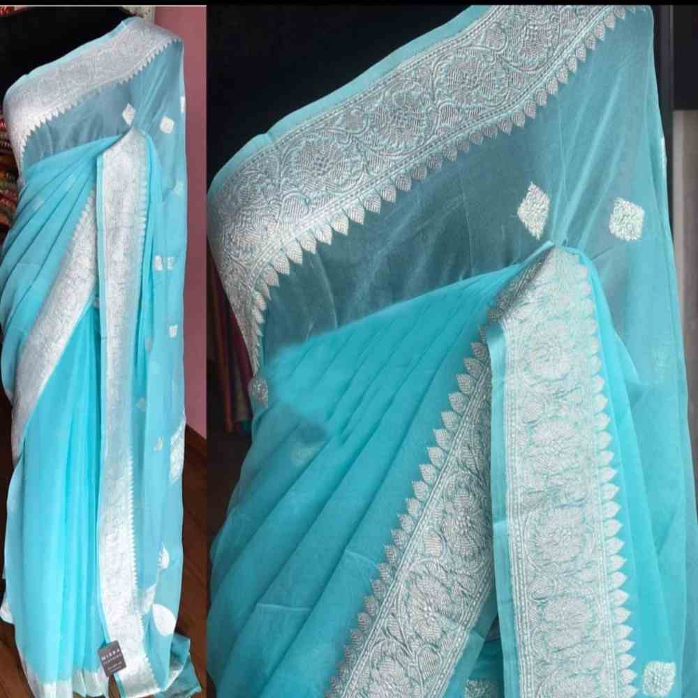 Sky Blue with Yellow Border Khaddi Chiffon Saree