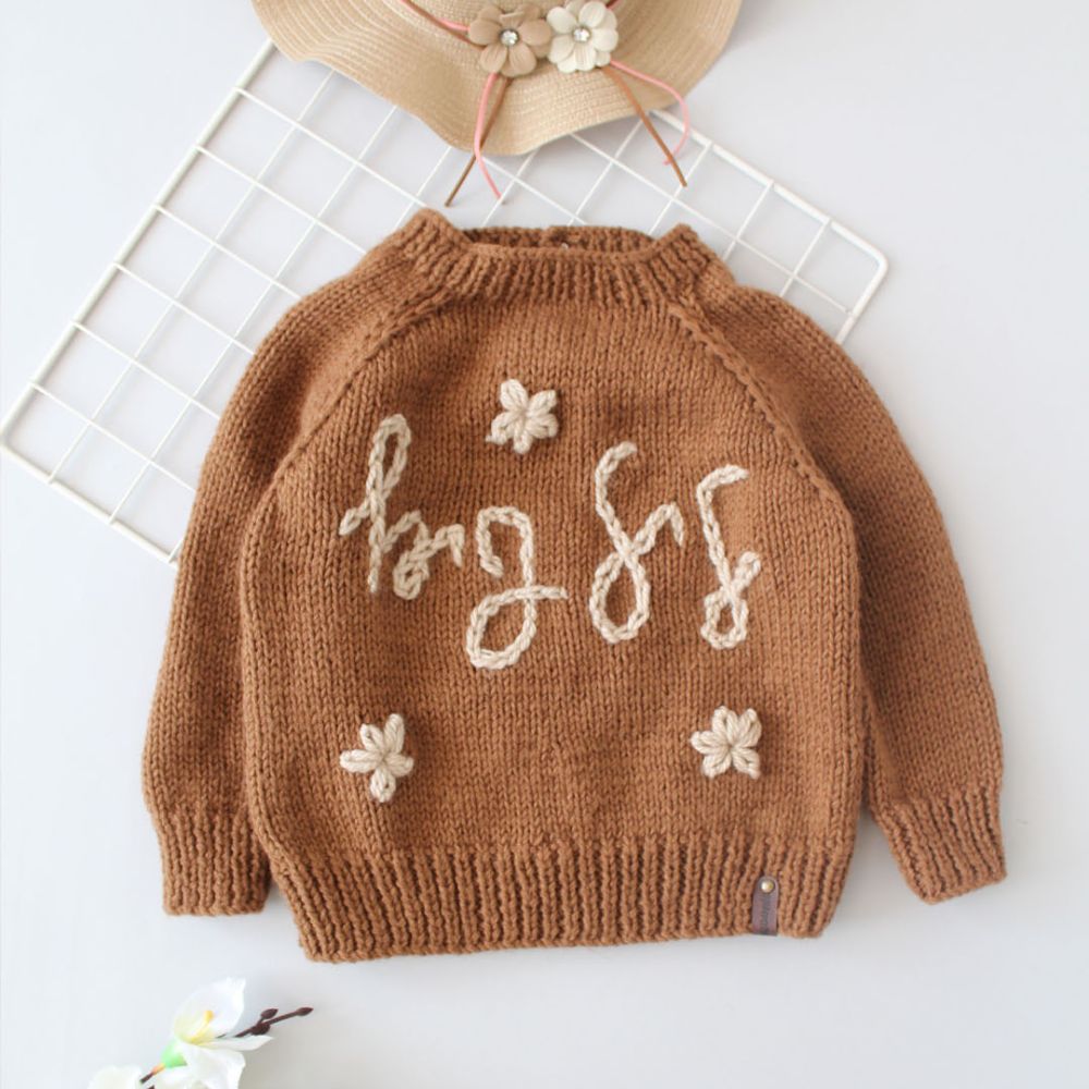 Brown Colored With White Embroidered Details Cozy Knite Sweater