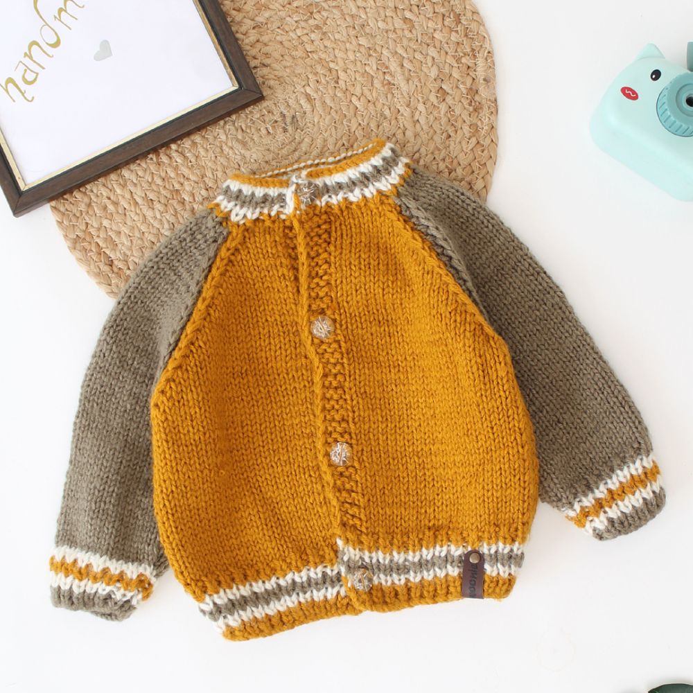 Mustard Yellow and Grey Colored With Striped Cardigan Emboidery Sweater