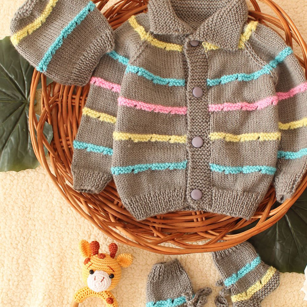 Dark Grey Sweater With Pink Blue Yellow Stripes