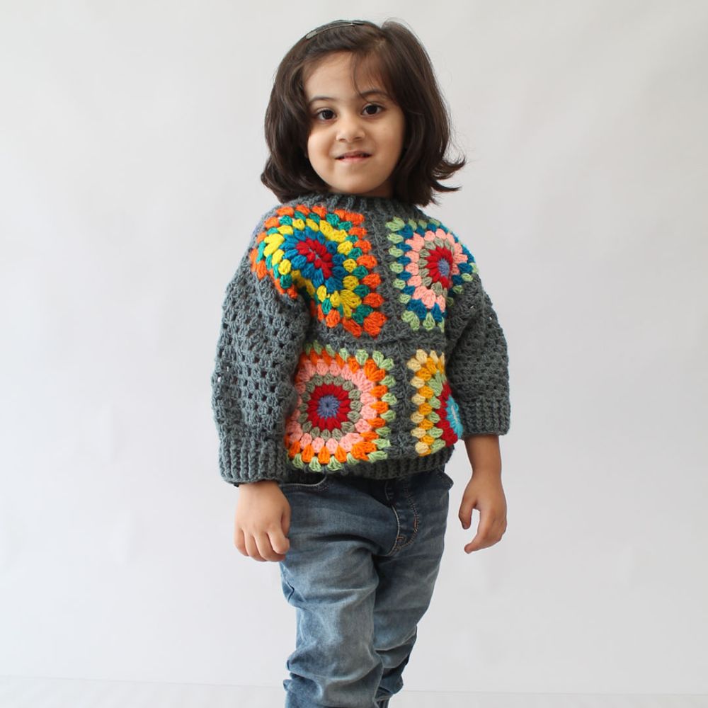 Dark Grey With Colorful Crochet and Kintted Emboidery Sweater