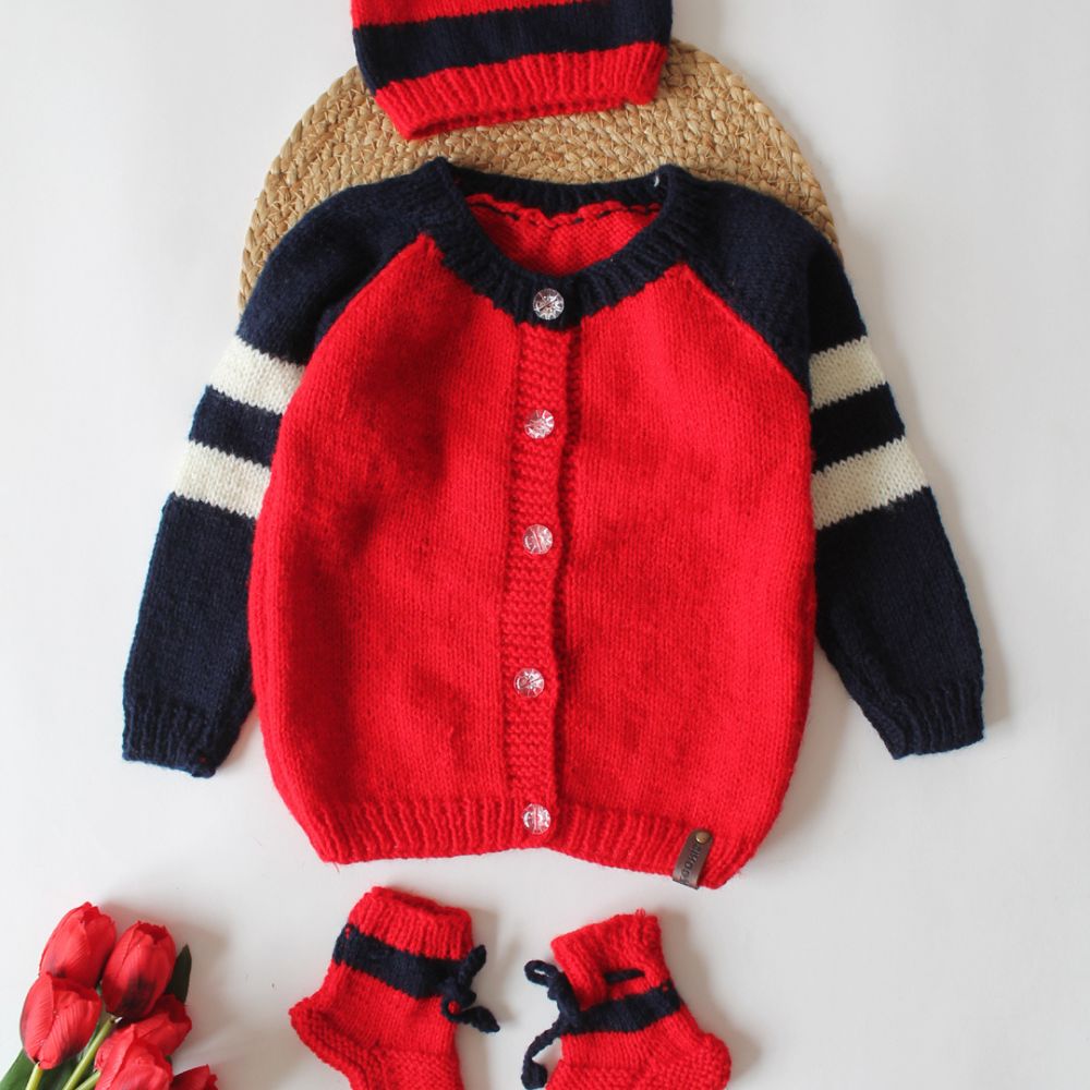 Red and Navy Blue Colored With White Stripes Embroidery Sweater Set