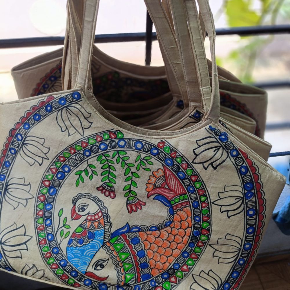 Tussar Saree with Madhubani Bride, Doli, and Kaahar Painting