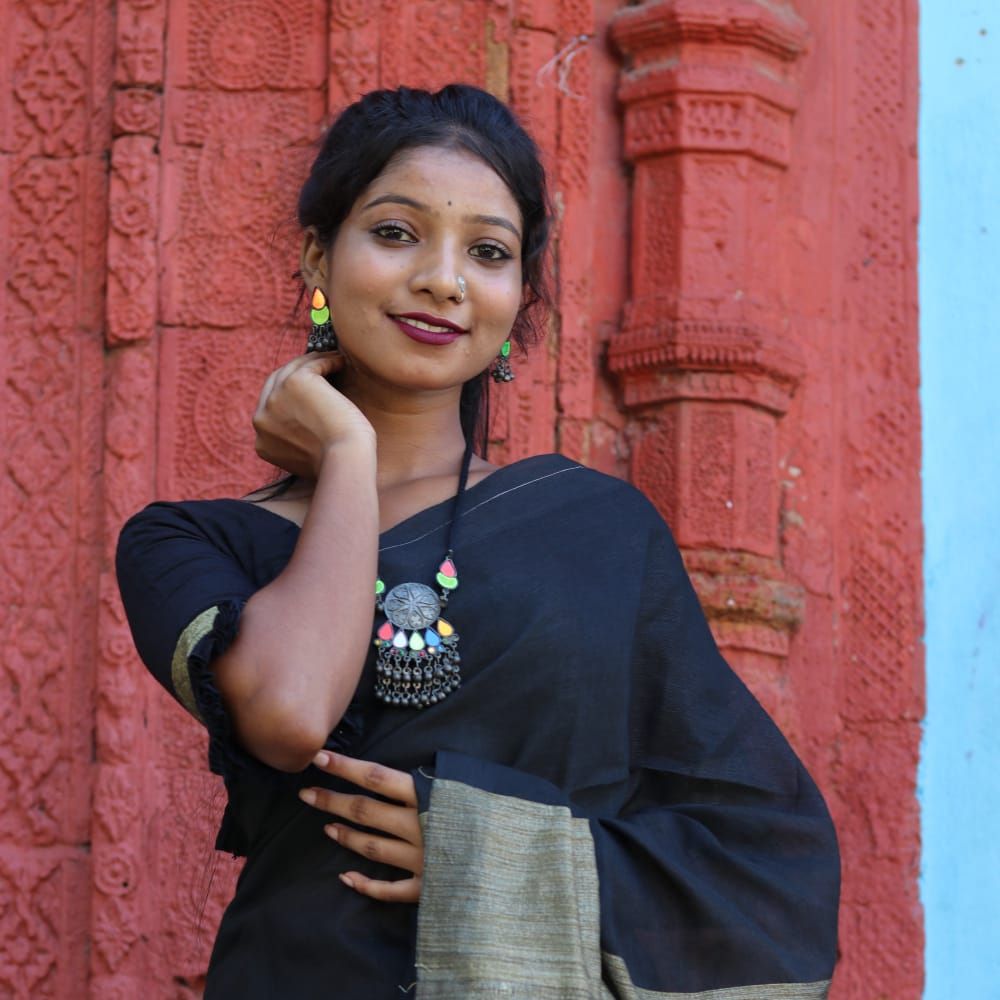 Tussar Saree with Madhubani Bride, Doli, and Kaahar Painting