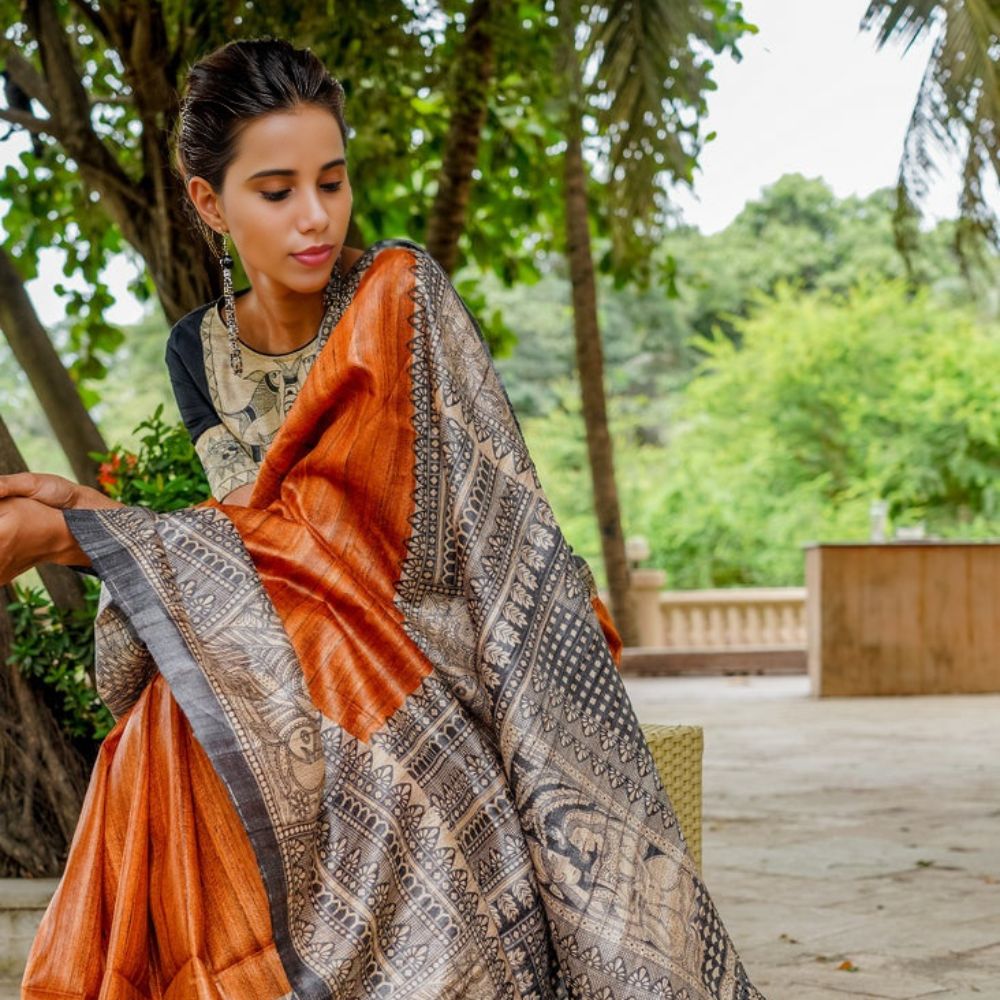 Tussar Saree with Madhubani Bride, Doli, and Kaahar Painting