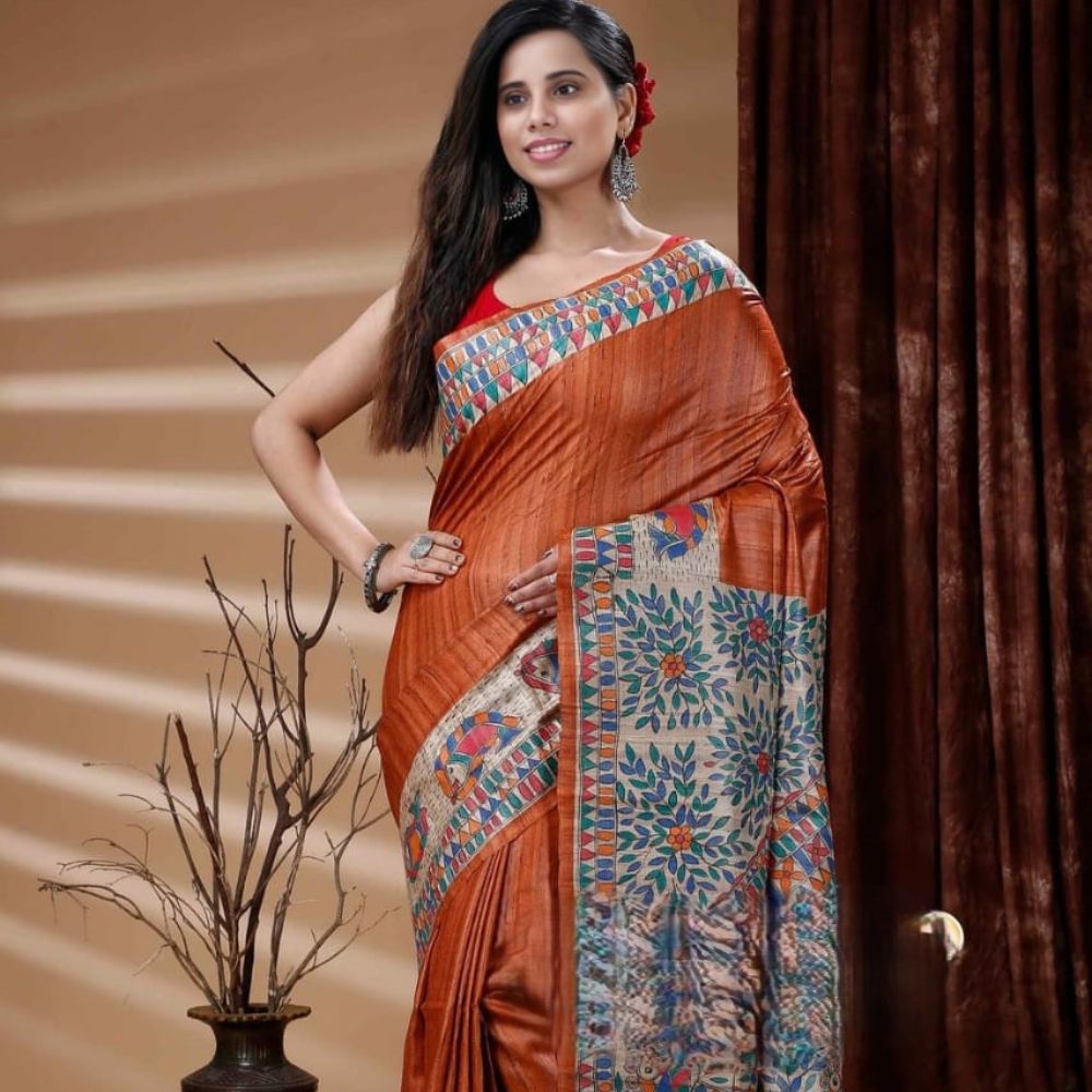 Tussar Saree with Madhubani Bride, Doli, and Kaahar Painting