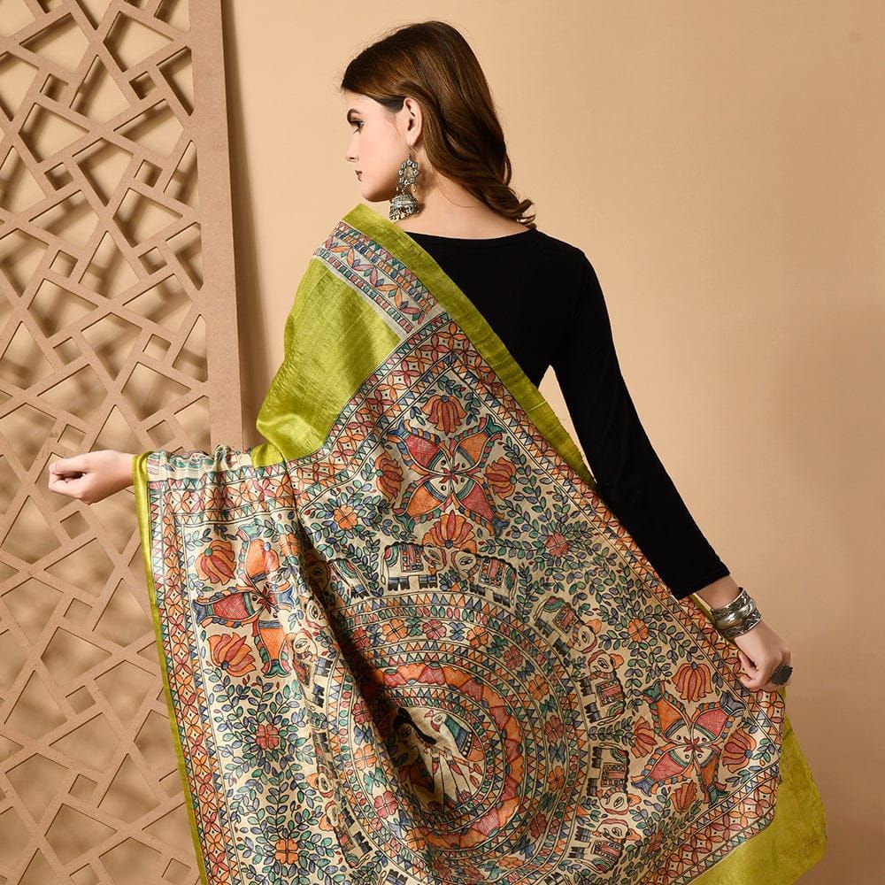 Tussar Saree with Madhubani Bride, Doli, and Kaahar Painting