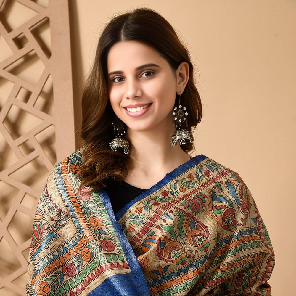 Tussar Saree with Madhubani Bride, Doli, and Kaahar Painting