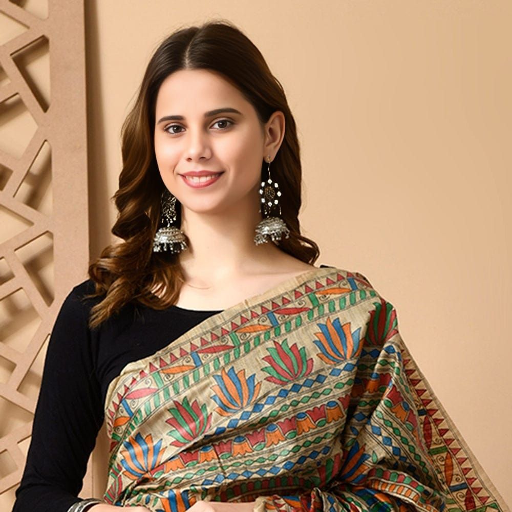 Tussar Saree with Madhubani Bride, Doli, and Kaahar Painting