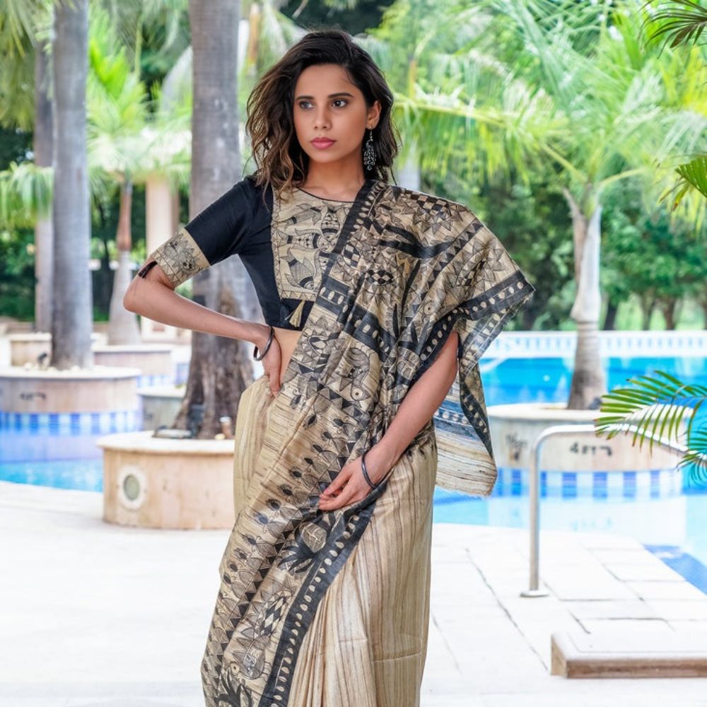 Tussar Saree with Madhubani Bride, Doli, and Kaahar Painting