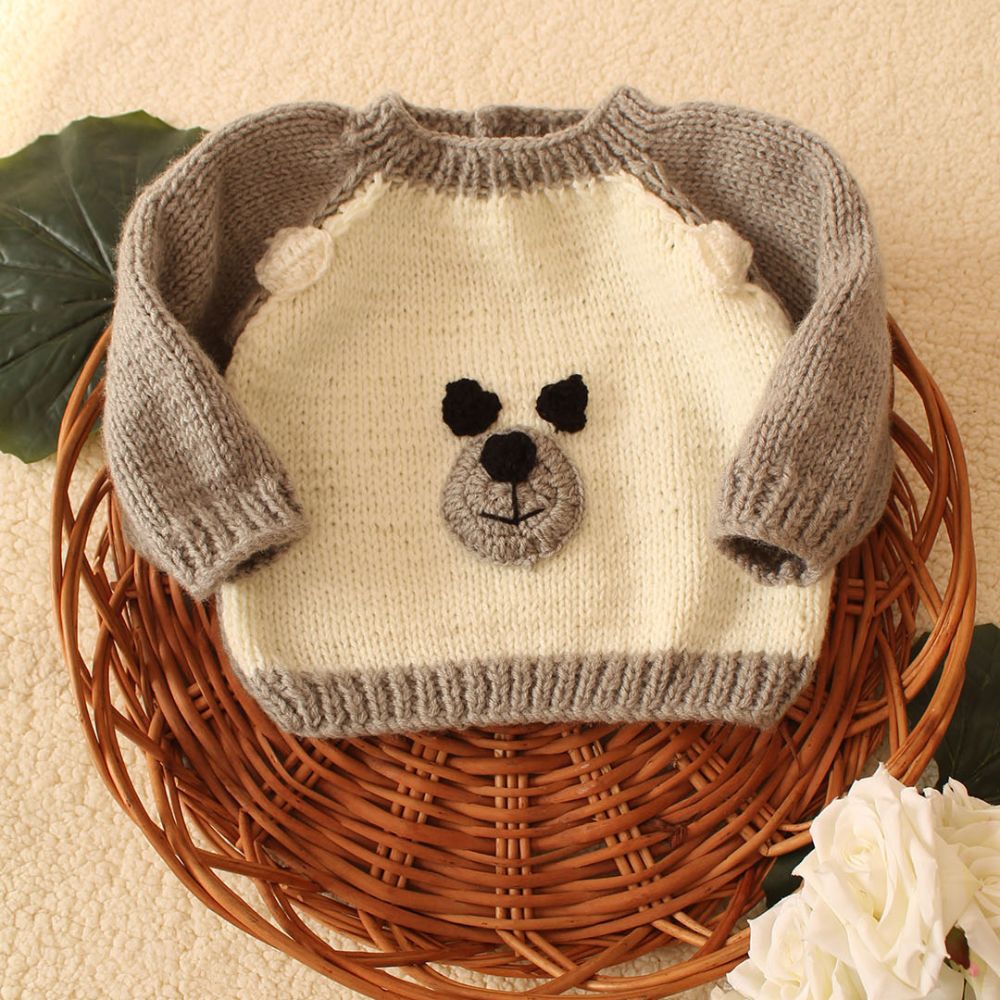 Creamy Off White and Grey Shade Colored With A Bear Face Emboidery Sweater