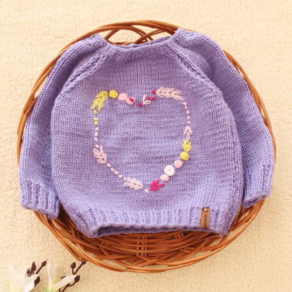 Lavender Colored With Multicolored Heart-Shaped Embiodery Sweater