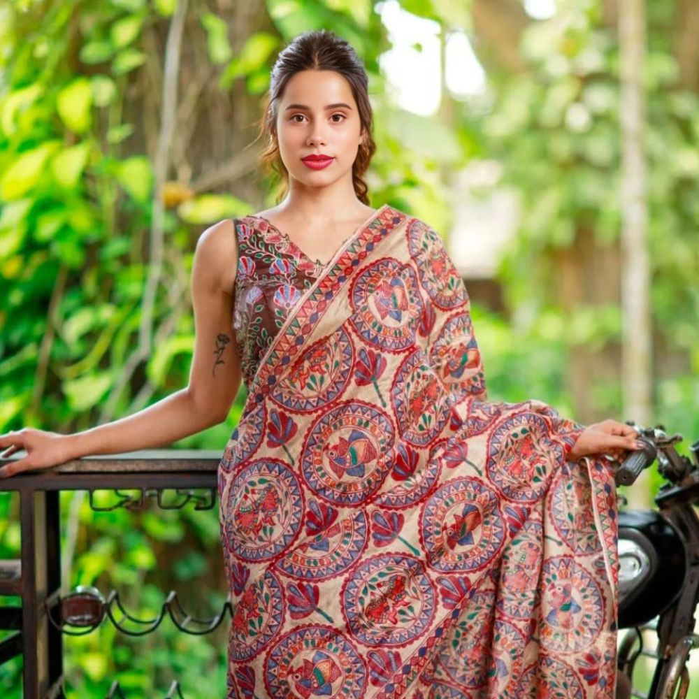 Tussar Saree with Madhubani Bride, Doli, and Kaahar Painting