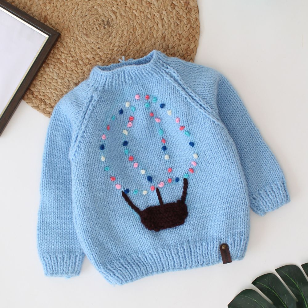 Light Blue Colored With Hot Air Balloon Emboiderd Sweater